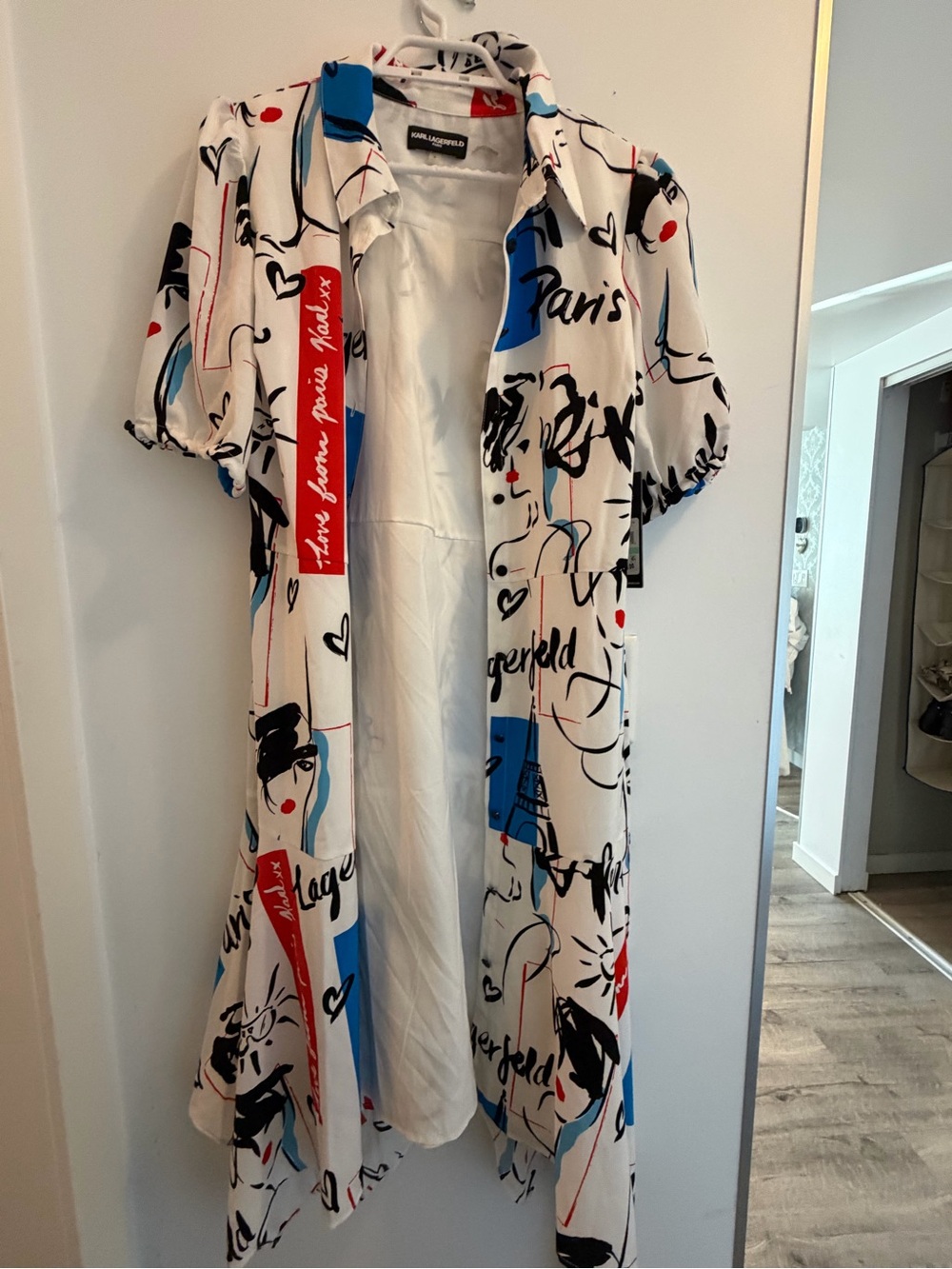 Karl Lagerfeld White Trench Coat Dress with Blue and Red Paris Graphic